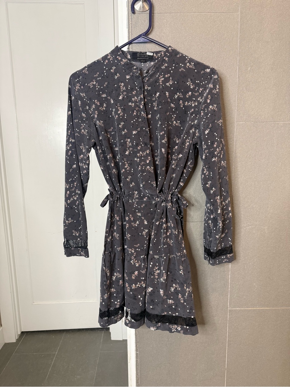 AllSaints Lini S Blume Silk Floral Lace Mini Dress US 8 Charcoal